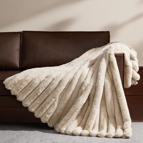 WDCOZY Faux Fur Throw Blanket Striped Super Soft Cozy Fluffy