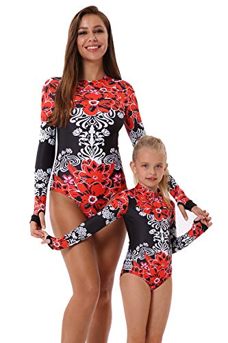YOLIPULI Mother and Daughter Swimwear Family Matching Swimsuit Womens Rashguard Girls Swimwear Red Floral Print Girl 4-5 Years Old - Thumbnail 6
