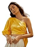 SheIn Women's One Shoulder 3/4 Long Bishop Sleeve Blouse Shirt Tie Side Solid Top Yellow X-Small