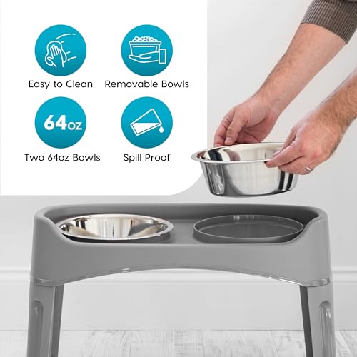 IRIS USA Elevated Dog Bowls Adjustable Stand, Raised Feeding Station with 2 Stainless Steel 64 oz Bowls, Spill Guard, Dual Height 12.25" or 4.63", Made in USA, Dark Gray by IRIS USA - Image 5