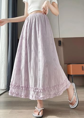 chouyatou Women's Lace Embroidery Eyelet Boho Skirt Elastic Waist Frilly Ruffle Swing Long Skirt3