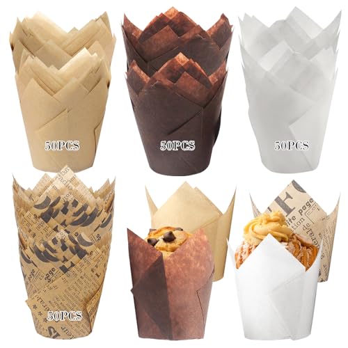 200 PCS Caissette Muffins Papier Tulipe, Caissettes Cupcake Taille standard, Naturel & Non Blanchi, Moule Muffins Papier pour Cuisson Mariage, Anniversaire, Fête