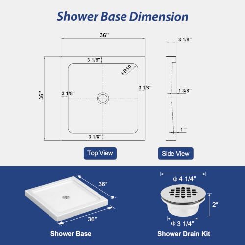 Image of KPUY 36'' L X 36'' W Shower Base Pan with Center Drain, White