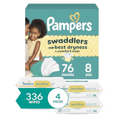 Image of Pampers Swaddlers Disposable Baby Diapers Size 8, One Month Supply (76 Count) with Sensitive Water Based Baby Wipes 4X Pop-Top Packs (336 Count)