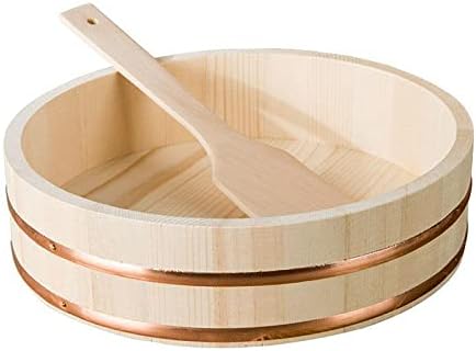 WSHA Hangiri Sushi Rice Mixing Tub with Wood Shovel, Japanese Sushi Rice Cooling Bowl with Copper Band, Rice Bucket for Making Sushi and Bibimbap Rice,60x16cm
