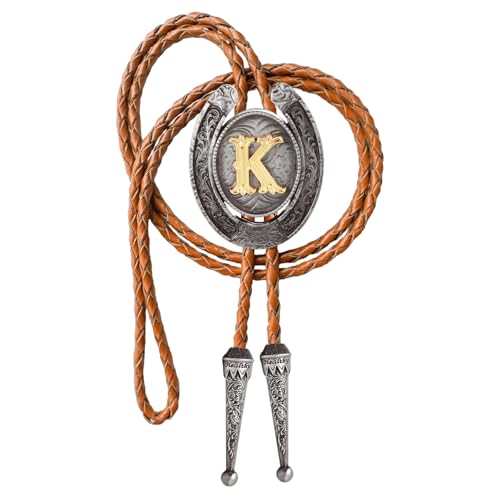 Image of Vintage Western Cowboy Monogram Initial Letter Bolo Tie for Men | Premium brown braided leather, adjustable sliding clasp, anti-tarnish alloy pendant, versatile A-Z western bolo tie