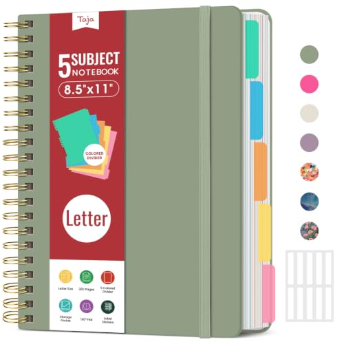 Taja Spiral Notebooks for Work 5 Subject Notebook with Removable Dividers