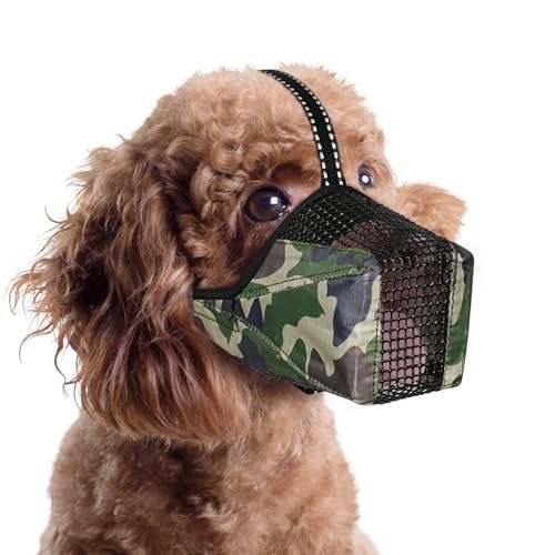 Image of Mesh Dog Muzzle, Breathable Soft Dog Muzzle with Reflective Straps for Secure Fit, Prevents Biting, Chewing Scavenging- Adjustable for Small Medium Large Dogs,Camo,XS