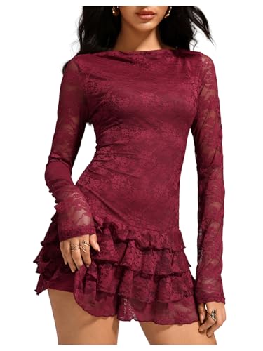 WDIRARA Women's Floral Lace Sheer Long Sleeve Boat Neck Layered Ruffle Mini Dress Burgundy Small