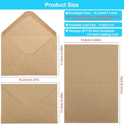 Leucasa 55er Set Blanko Karten mit Umschlag,C6 Briefumschläge mit A6 Postkarten Kraftpapier für Grüßkarten, Hochzeitskarten und Dankeskarten Braun