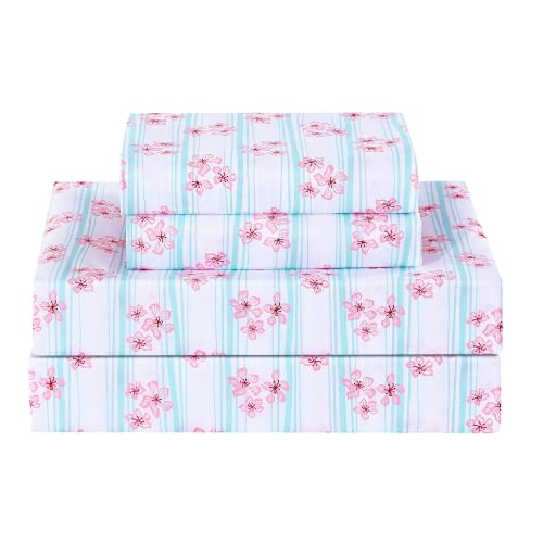 Image of Softan Pink Striped Floral Full Sheet Set, Cozy Printed Microfiber Bed Fitted Sheets with 15 inch Deep Pocket & Non-Slip Corner Straps, Cherry Blossom & Mint Stripe Patterned Sheets & Pillowcase Set