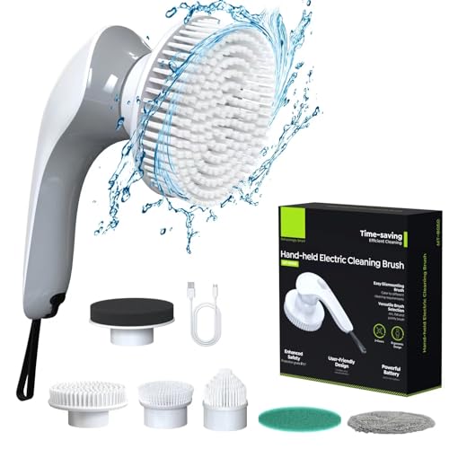 Minthouz Electric Cleaning Brush 2 Speeds Spin Scrubber Cordless Rechargeable, 2600mAh Battery, 6 Replacement Heads, Electric Power Scrubbers for Bathroom, Kitchen, Tile, Household Cleaning