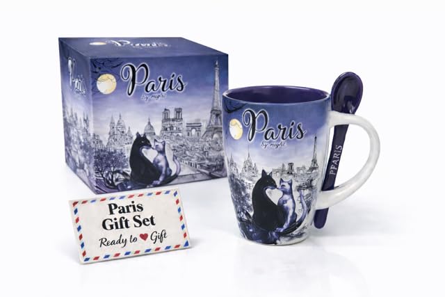 Générique Mug Paris by Night avec Chats en Céramique 320 ml – Tasse Café & Thé avec Cuillère – Coffret Cadeau Prêt à Offrir