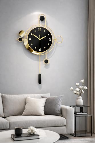 Modern Wall Clock with Pendulum 50×68cm – Black and Gold Geometric Design, Silent Non-Ticking Quartz Movement, Decorative Metal Clock for Living Room, Dining Room, Office, Hallway JR5155