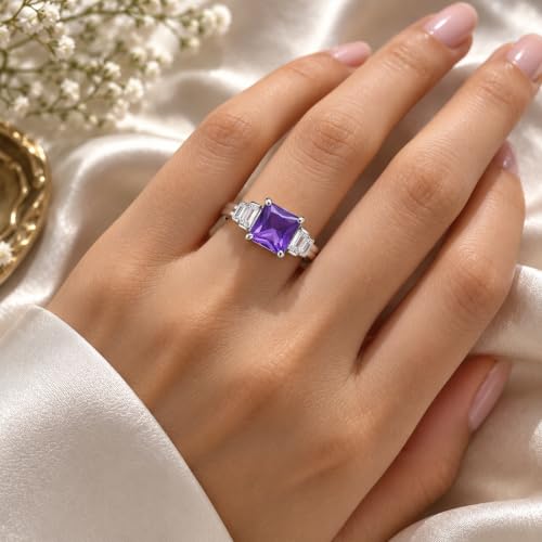 Image of KYAT 925 Sterling Silver Adjustable Ring for Women | Square Princess Cut Purple Amethyst Zircon Stone | Baguette CZ Side Stones | Valentine Gift, Birthday Gift for Girls | Free Size Ring