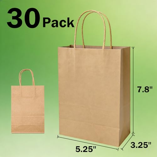 Volokitx 30 Pack 5.25 x 3.15 x 8 in Small Paper Bags with Handles, Sturdy Natural Brown Small Kraft Bags with Handles for Shopping, Birthday, Retail, Gifts & Small Business - Thumbnail 2