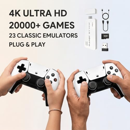 Retro Gaming Console 2026 Edition Built-in 128GB Storage Supports 20,000+ Classic Games Dual Wireless Controllers 4K HDMI TV Stick Plug-and-Play Nostalgic Gaming System