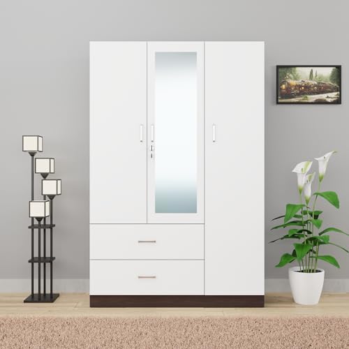 Image of VIKI Wardrobe | Wooden Almirah for Clothes,Door for Bedroom, 3 Door Wardrobe with Drawer, Mirror & Hanging Space (Dark Wenge, Frosty White - 40D x 120W x 180H) | 1 Year Warranty | Free Assembly