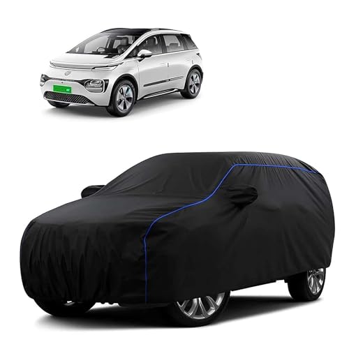 Image of Sulfar 100% Water Resistant Car Body Cover Compatible with Mirror for MG Windsor EV (Triple Stitched, Full Bottom Elastic, Black Tafetta with Blue Piping)