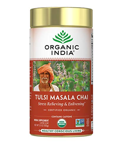 Organic India Tulsi Masala Chai Herbal Tea - Stress Relieving & Enlivening, Immune Support, Adaptogen, Vegan, Gluten-Free, USDA Certified Organic, Non-GMO, Caffeine-Free - 3.5 oz Canister