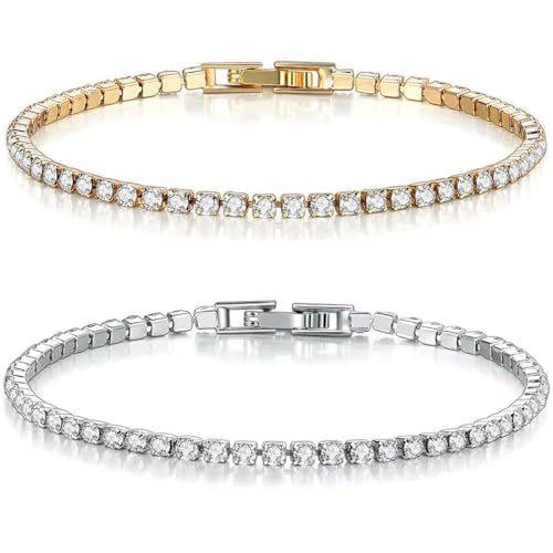 VURYAPI 2 Stück Zirkonia Tennis Armband Damen Silber, Armbänder Damen...