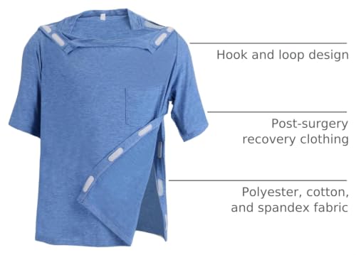 Image of Unisex Post Shoulder Surgery Shirts Recovery Tear Away Short Sleeve Chemo Clothing with Stick On Fasteners, Convenient