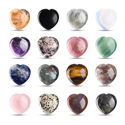 WHAL&YUNE Thumb Worry Stone for Anxiety, Healing Crystals Natural Heart Shaped Gemstone Meditation Reiki Balancing Accessories Gift for Stressed People- 1.8 inches (Random Color 6PCS)
