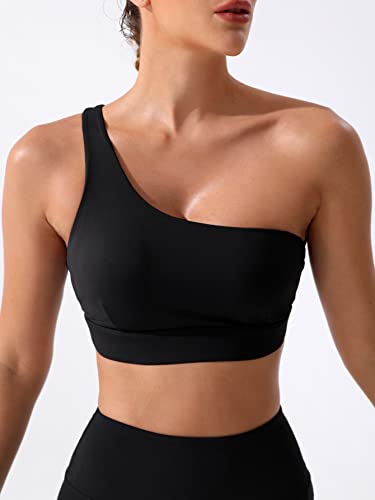 Verdusa Women's One Shoulder Cut Out Back Workout Sports Bra Athletic Yoga Bra Black S #TOP2