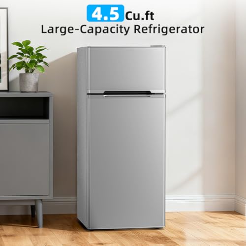 Image of Antarctic Star 4.5 Cu.Ft Compact Refrigerator,Mini Fridge With Freezer,Double Door,Adjustable Removable Glass Shelves for Dorm,Office,Kitchen,GREY