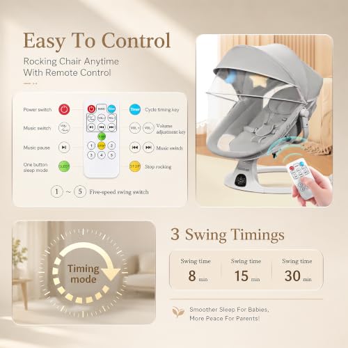 Image of Electric Baby Swing Rocker for Newborn Baby | Automatic Cradle with 5-Speed Swing, Bluetooth Music, USB Support, Remote Control, Touch Panel, 360 Rotating Seat, Mosquito Net - Grey
