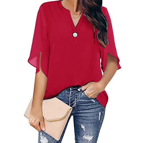 Damen Bluse, Damen Chiffonbluse Mode Schlicht Rot V-Ausschnitt Pullover Shirts Tops Lässig Locker Geschlitzt 3/4 Ärmel Button-Down-Blusen Sommer Elegant Tunika Tops T-Shirts,L