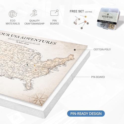 Image of IPIC - Custom USA Map Canvas Wall Art, Personalized Artwork with Names and Message on, Framed Large Travel Map for Home, Office, or Study, Push in Board Decor for Travel Lovers