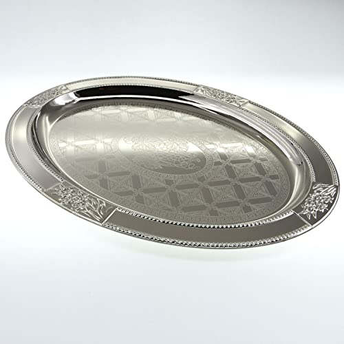 Maro Megastore (Pack Of 3) 20.1 Inch X 14.8 Inch Oval Chrome Plated Silver Serving Tray Stylish Floral Grapes Engraved Decorative Party Birthday Wedding Dessert Buffet Wine Decor Platter Plate Tla-565 #TOP2