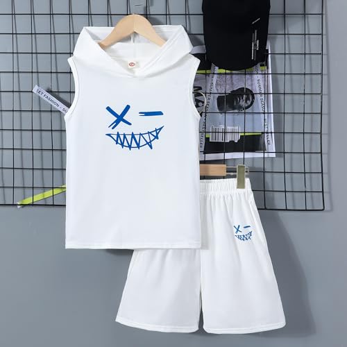 Image of Kids Boys Summer 2PCS Outfits Sleeveless Hooded Loose Casual Top Shirt and Elastic High Waist Sports Short Pant Set