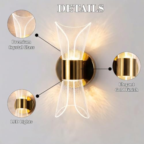 Image of fizzytech Crystal Aura LED Wall Light, Gold Finish Decorative Wall Lamp with 3 Colour Changing Modes for Living Room, Bedroom, Hallway & Home Decor, Pack of 2
