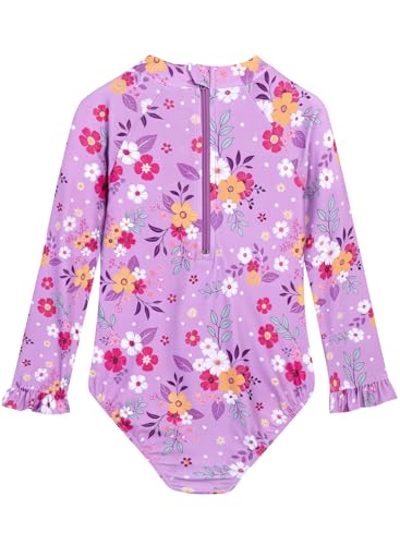 Image of Alakuoti Long Sleeve One Piece Ruffle Swimsuit for Toddler Girls Baby Girl Rashguard Shirt with UPF 50+ Sun Protection
