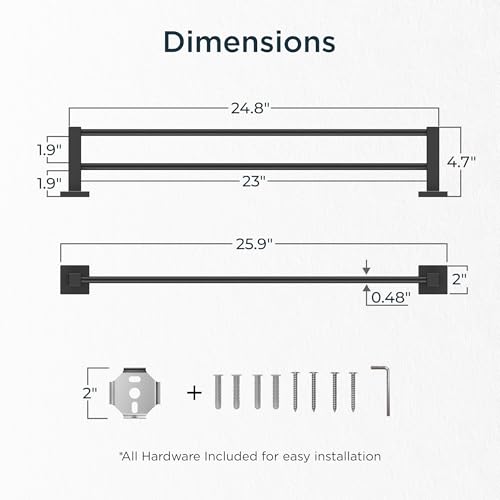 FORIOUS Black Double Towel Bar 24 Inch, Double Towel Racks for Bathroom Wall, Heavy Duty SUS304 Stainless Steel Square Dual Towel Bar Wall Mount, Matte Black image 2