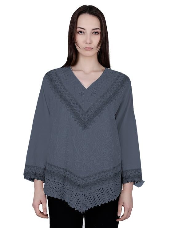 Image of Ukal Hand Embroidered Bige Top /Full Sleeves Cotton Tunic /Summer Short Ethnic Chikan Relaxed Fit Kurti /Boho Short Ethnic Dress for Women (in, Alpha, L, Dark Grey)
