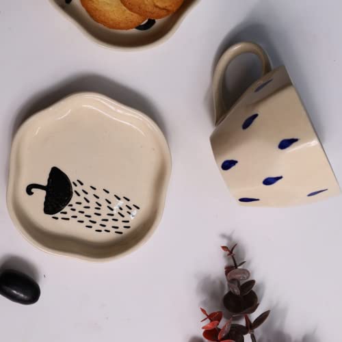 Image of WEAVING HOMES Ceramic Raindrop Mug & Umbrella Dessert Plate (Set of 2) - Mugs, Plates, Ceramic Mugs, Dessert Plates, Coffee Mugs, Mug & Plate Set, Tea Mugs