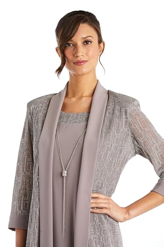 Image of R&M Richards Women's Elegant Metallic Jacquard Knit Jacket Dress | Shimmering 2-Piece Ensemble W /Detachable Necklace