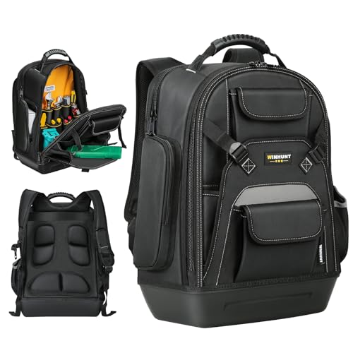 WINHUNT Tool Backpack for Men, Heavy Duty Tool Bag Backpack with Waterproof Molded Base, 23 Pockets Tool Storage Organizer Bag for Eelectrician Construction Work, Black