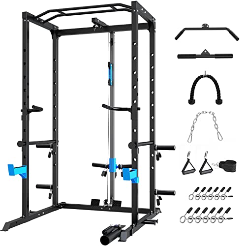 WINNOW Power Cage Multi-Functional Power Rack with J-Hooks, Dip Handles, Landmine Attachment and Optional Cable Pulley System for Home Gym