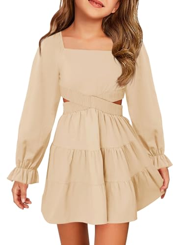 Haloumoning Girls Dresses Long Sleeve Square Neck Crossover Waist Casual A-Line Fall Dress 5-14Y