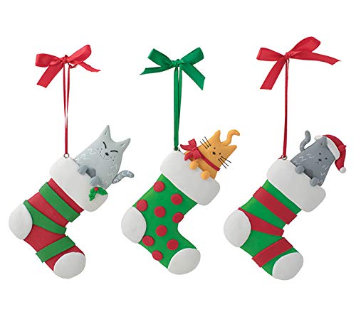 Adorable Cats in Stockings Clay Christmas Ornaments: Set of 3