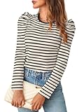 MEROKEETY Women's Puff Long Sleeve Striped Tops Crew Neck 2025 Fall Casual Knit Basic Tee Shirts, Almond, Medium