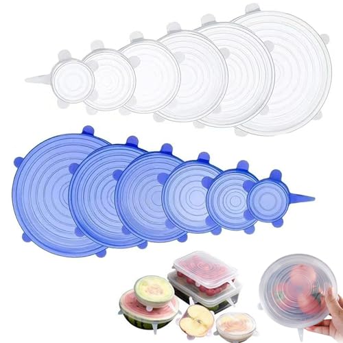 12 PCS Reusable Stretch Silicone Lids for Food Storage, Heat-Resistant Silicone Bowl Covers for Cup, Cans, Jars, Universal Food Grade Silicone Lid for Round Container (6 Different Sizes)