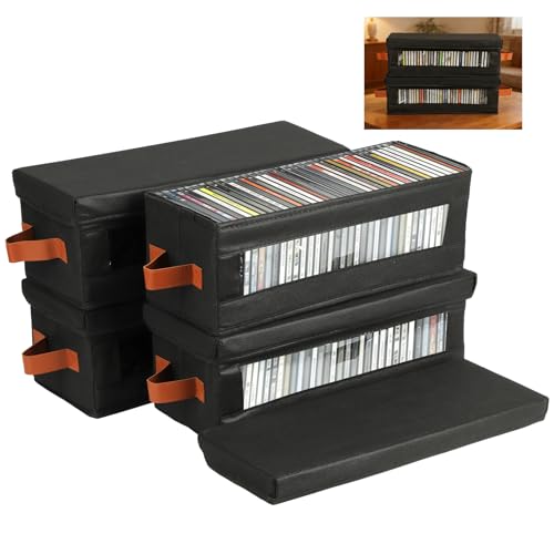 Yabound Caja de almacenamiento para DVD, 4 unidades, con tapa y asa, apilable con ventana transparente, maletín de CD para casa y coche