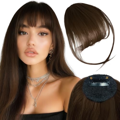 KEJOL Flequillo Postizo de Clip, 100% Pelo Natural Humano Flequillo con Patillas Wispy Postizo de Cabello Natural para Mujer (Castaño Oscuro)