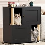 Cat Litter Box Enclosure for 2 Cats, Metal Hidden Double Litter Box Enclosure Cabinet with Cat Scratching Post, Large Pet Washroom Furniture, Indoor Pet House Side Table (Black)