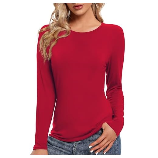 Urban CoCo Women's Classic-Fit T-Shirt Solid Color Casual Long-Sleeve Round Neck Top (Red, L)